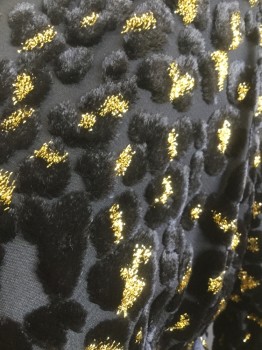 DVF, Black, Gold, Viscose, Polyester, Animal Print, Burnout Velvet Cheetah Print with Gold Glitter, Wrap Dress, Long Sleeves, Black Satin Ribbon Waist Band, Cross Over V-neck, Full Skirt