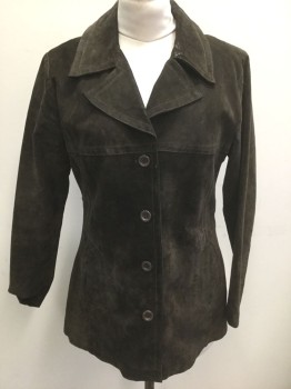 Womens, Leather Jacket, MAXIMA, Espresso Brown, Suede, Solid, L, Single Breasted, 4 Buttons, Notched Collar, 2 Pockets, Hip Length, Solid Dark Brown Lining