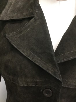 Womens, Leather Jacket, MAXIMA, Espresso Brown, Suede, Solid, L, Single Breasted, 4 Buttons, Notched Collar, 2 Pockets, Hip Length, Solid Dark Brown Lining