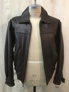 Mens, Leather Jacket, WILSON, Chocolate Brown, Leather, Solid, M, Zip Front, Yoke, 2 Pockets, Snap Cuffs, Elastic Side Waistband, Zip Out Vest Lining, Heavy
