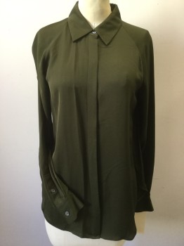 Womens, Blouse, THEORY, Olive Green, Silk, Solid, S, Button Front Concealed Placket, Raglan Long Sleeves, Collar Attached,