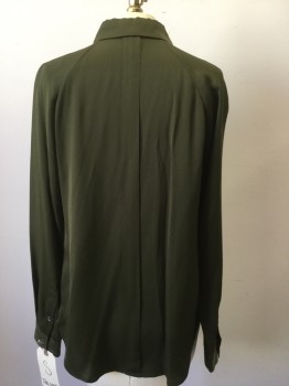 THEORY, Olive Green, Silk, Solid, Button Front Concealed Placket, Raglan Long Sleeves, Collar Attached,