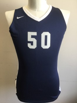 Unisex, Jersey, NIKE DRI FIT, Navy Blue, White, Polyester, Color Blocking, L, Navy with White V-neck, White Panels at Sides with Navy Stripes, Sleeveless, "50" at Front and Back