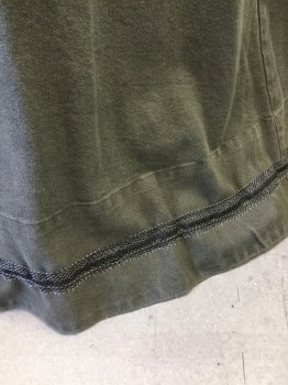 MTO, Olive Green, Cotton, Solid, Hunting Style Denim Skirt Flat Front Panel with Pleating Detail at Center Back, with Hook Closures.black Set to 26" or 29" Fixed Waist. Gray Ribbon Trim at Hemline. Hidden Pocket at Side Front,