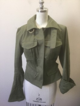 Womens, Casual Jacket, A.L.C., Olive Green, Cotton, Linen, Solid, Sz.2, Twill, 5 Button Front, 4 Pockets, Collar Attached with Self Strap and Buckle,  Fitted, Peplum Waist in Back, No Lining