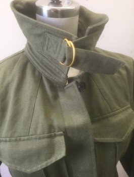 Womens, Casual Jacket, A.L.C., Olive Green, Cotton, Linen, Solid, Sz.2, Twill, 5 Button Front, 4 Pockets, Collar Attached with Self Strap and Buckle,  Fitted, Peplum Waist in Back, No Lining