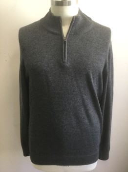 Mens, Pullover Sweater, BROOKS BROTHERS, Gray, Wool, Solid, XL, Knit, Rib Knit Stand Collar with 6" Zipper at Neck, Long Sleeves