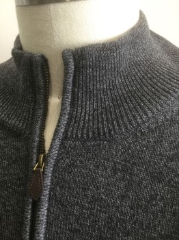 BROOKS BROTHERS, Gray, Wool, Solid, Knit, Rib Knit Stand Collar with 6" Zipper at Neck, Long Sleeves