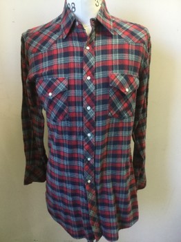 WHITE HORSE, Red, Navy Blue, Green, Black, Cotton, Plaid, Flannel, Collar Attached, White Pearl Snap Front, Long Sleeves, Flap Pockets