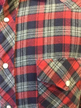 Mens, Western, WHITE HORSE, Red, Navy Blue, Green, Black, Cotton, Plaid, 15/33, Flannel, Collar Attached, White Pearl Snap Front, Long Sleeves, Flap Pockets
