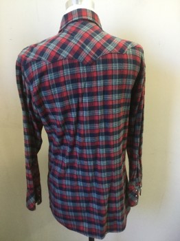 WHITE HORSE, Red, Navy Blue, Green, Black, Cotton, Plaid, Flannel, Collar Attached, White Pearl Snap Front, Long Sleeves, Flap Pockets