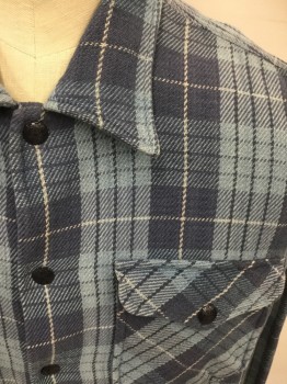 RR RALPH LAUREN, Baby Blue, French Blue, White, Cotton, Plaid, Shirt Jacket, Thick Twill, Snap Front, 2 Flap Pockets, 2 Hip Pockets, Long Sleeves