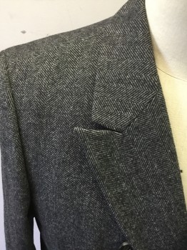 Mens, Coat, Overcoat, M&S COLLECTION, Black, Gray, Wool, Polyester, Herringbone, L, Double Breasted, Collar Attached, Peaked Lapel, 3 Flap Pockets