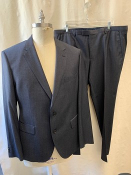 Mens, Suit, Jacket, HUGO BOSS, Black, Dk Gray, Wool, Elastane, 2 Color Weave, 48R, Notched Lapel, Single Breasted, Button Front, 2 Buttons, 3 Pockets