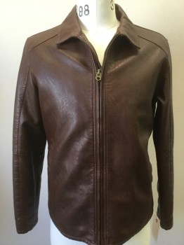 Mens, Leather Jacket, PRONTO UOMO, Brown, Leather, Solid, S, Zip Front, Collar Attached, 2 Welt Pocket, Zipper Cuffs, Waist Length