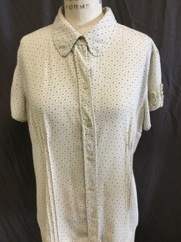 COVINGTON, Beige, Cream, Black, Polyester, Floral, Dark Beige with Cream & Black Dots Floral Print, Collar Attached, Button Front, Short 3 Pleats Cinch Waist, Cap Sleeves with Short Small Ruffles, Small Key Hole with 1 Button