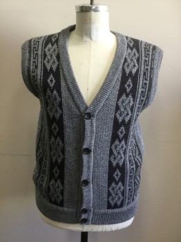 Mens, Sweater Vest, N/L, Gray, Black, Dk Gray, Wool, Novelty Pattern, M, Cardigan Vest, Stripe with X Pattern, Stripe with Greek Key Pattern, Stripe with Jagged Lines, Ribbed Knit Placket/Armhole/Waistband, Solid Heather Gray Back