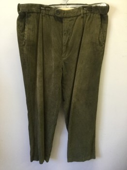PETER CHRISTIAN, Dk Olive Grn, Cotton, Solid, Corduroy, Pleated, Button Tab, 4 Pockets, Zip Fly, Belt Loops