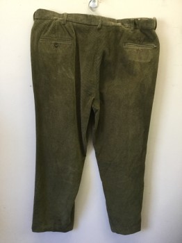 PETER CHRISTIAN, Dk Olive Grn, Cotton, Solid, Corduroy, Pleated, Button Tab, 4 Pockets, Zip Fly, Belt Loops
