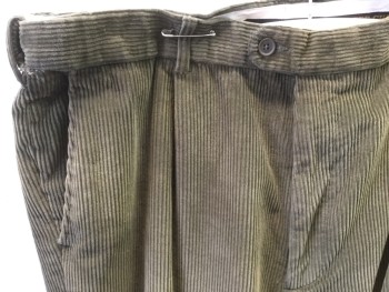Mens, Casual Pants, PETER CHRISTIAN, Dk Olive Grn, Cotton, Solid, 42/32, Corduroy, Pleated, Button Tab, 4 Pockets, Zip Fly, Belt Loops