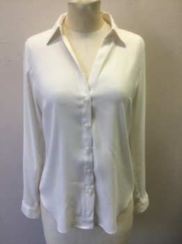 ANN TAYLOR, Off White, Polyester, Solid, Long Sleeve Button Front, Collar Attached, V-neck, Form Fitting, Darts at Bust