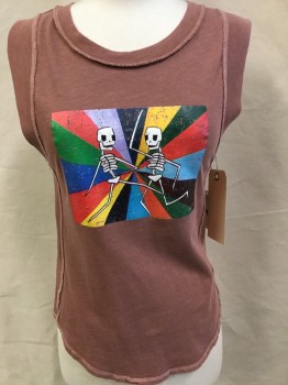 FREE PEOPLE, Brown, Red, Green, Black, Yellow, Cotton, Geometric, Human Figure, Dusty Brown with Red,green,blue,yellow,black,turquoise,lavender Triangles and 2 Skeletons, Round Neck,  Sleeveless,