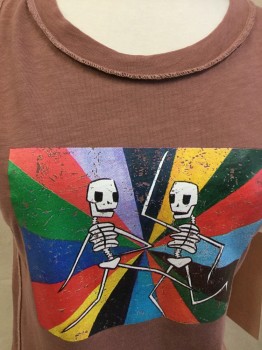 FREE PEOPLE, Brown, Red, Green, Black, Yellow, Cotton, Geometric, Human Figure, Dusty Brown with Red,green,blue,yellow,black,turquoise,lavender Triangles and 2 Skeletons, Round Neck,  Sleeveless,