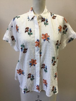 MADEWELL, White, Coral Orange, Blue, Brown, Cotton, Floral, Self Swiss Dot, Floral Embroidery, Button Front, Hidden Placket, Collar Attached, Cuff Drop Short Sleeves, Gathered at Yoke