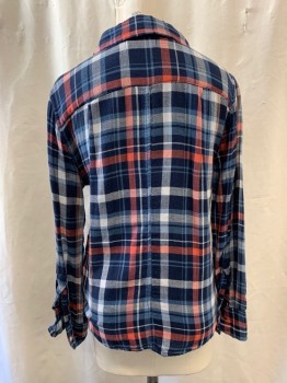 VELVET, Navy Blue, French Blue, White, Brown, Cotton, Plaid, Collar Attached, Button Front, 1 Patch Pocket,  Long Sleeves