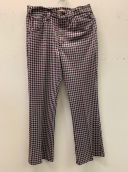 Mens, Pants, LEE, Red Burgundy, Gray, Polyester, Houndstooth, 28/30, Top Pockets, Zip Front, Flat Front