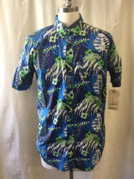 ADIDAS, Navy Blue, Blue, Lime Green, Gray, Cotton, Hawaiian Print, Short Sleeves, Button Front, Button Down Collar, 1 Pocket