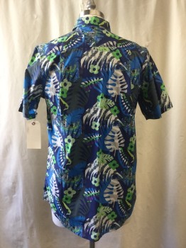 ADIDAS, Navy Blue, Blue, Lime Green, Gray, Cotton, Hawaiian Print, Short Sleeves, Button Front, Button Down Collar, 1 Pocket