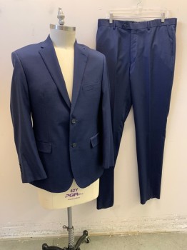 JOS A. BANK, Navy Blue, Blue, Wool, Plaid-  Windowpane, Notched Lapel, Single Breasted, Button Front, 2 Buttons, 3 Pockets, Double Back Vent