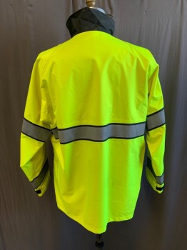 Mens, Fire/Police Jacket, BLAUER, Neon Yellow, Black, Polyester, Stripes, L, Reversible, Neon Yellow with Gray Stripe, Zip Front, Stand Collar, 2 Pockets, Zip Side Slits, Raglan Long Sleeves, Velcro Tab Cuff, Solid Black Reverse (Barcode Inside Pocket on Black Side)