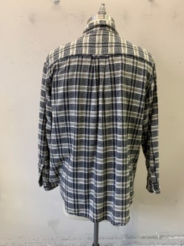 Mens, Casual Shirt, CLUB, Gray, Cream, White, Cotton, Plaid, XL, Flannel, Button Front, Collar Attached, Long Sleeves, Button Cuff