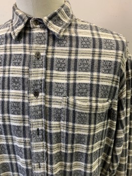 CLUB, Gray, Cream, White, Cotton, Plaid, Flannel, Button Front, Collar Attached, Long Sleeves, Button Cuff