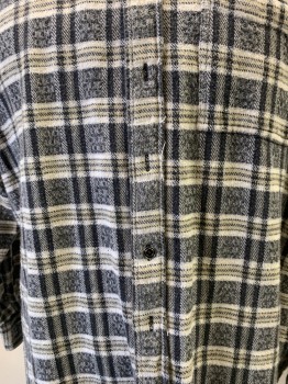 Mens, Casual Shirt, CLUB, Gray, Cream, White, Cotton, Plaid, XL, Flannel, Button Front, Collar Attached, Long Sleeves, Button Cuff