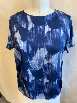 Womens, Blouse, H & M, Navy Blue, Steel Blue, Off White, Polyester, Abstract , 12, Round Neck,  Short Sleeves, Exposed Gold Zip Back, Curved Hem