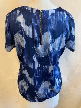Womens, Blouse, H & M, Navy Blue, Steel Blue, Off White, Polyester, Abstract , 12, Round Neck,  Short Sleeves, Exposed Gold Zip Back, Curved Hem