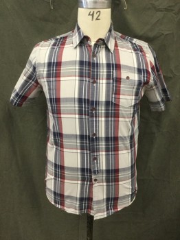 ELEMENT, Navy Blue, Gray, Lt Gray, Maroon Red, Cotton, Polyester, Plaid, Button Front, Collar Attached, Short Sleeves, 1 Pocket