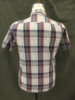 Mens, Casual Shirt, ELEMENT, Navy Blue, Gray, Lt Gray, Maroon Red, Cotton, Polyester, Plaid, 16.5, 16, Button Front, Collar Attached, Short Sleeves, 1 Pocket