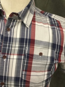 ELEMENT, Navy Blue, Gray, Lt Gray, Maroon Red, Cotton, Polyester, Plaid, Button Front, Collar Attached, Short Sleeves, 1 Pocket