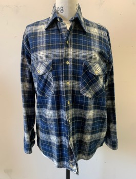 WINTER RUN, Navy Blue, Gray, White, Cotton, Plaid, Thick Flannel, Long Sleeve Button Front, Collar Attached, 2 Pockets with Button Flap Closures