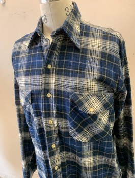 WINTER RUN, Navy Blue, Gray, White, Cotton, Plaid, Thick Flannel, Long Sleeve Button Front, Collar Attached, 2 Pockets with Button Flap Closures