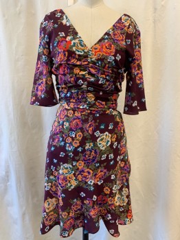 Womens, Dress, Long & 3/4 Sleeve, WAYF, Wine Red, Green, Teal Blue, Orange, White, Polyester, Spandex, Floral, XS, V-neck, Rushed Bodice, 3/4 Sleeve, Waterfall Ruffle on Skirt, Knee Length, V-back, Zip Back
