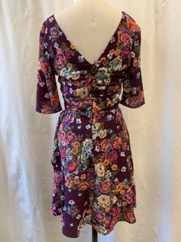 Womens, Dress, Long & 3/4 Sleeve, WAYF, Wine Red, Green, Teal Blue, Orange, White, Polyester, Spandex, Floral, XS, V-neck, Rushed Bodice, 3/4 Sleeve, Waterfall Ruffle on Skirt, Knee Length, V-back, Zip Back