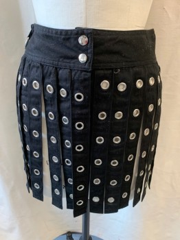 Womens, Skirt, Mini, SHRINE, Black, Cotton, L, Individual Pieces of Fabric with Silver Grommets, Snap Buttons, 3 Silver Buckles on Waist