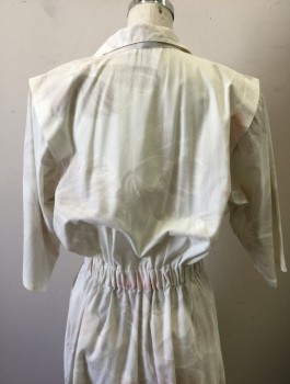 N/L, Off White, Blush Pink, Lt Beige, Poly/Cotton, Floral, 3/4 Dolman Sleeves, Notched Lapel, Padded Shoulders, Curved Yoke at Waist with Pleats, 2 Side Pockets, Full Skirt, Button Closures at Waist, Elastic Waist in Back, 1980's Does Retro 1950's