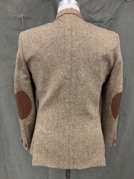 H&M, Brown, Tan Brown, Wool, Tweed, Single Breasted, Collar Attached, Notched Lapel, 3 Patch Pockets, 2 Buttons,  Brown Pleather Elbow Patches