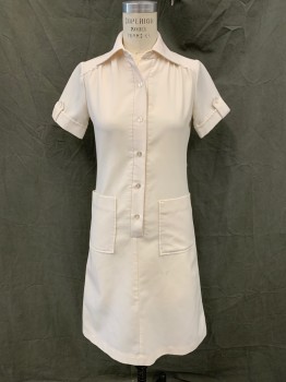 Womens, Nurses Dress, MS. BARCO, White, Polyester, Solid, 6, 1/2 Button Front, Collar Attached, Gathered at Yoke, Short Sleeves, with Button Tab, 2 Hip Pockets,